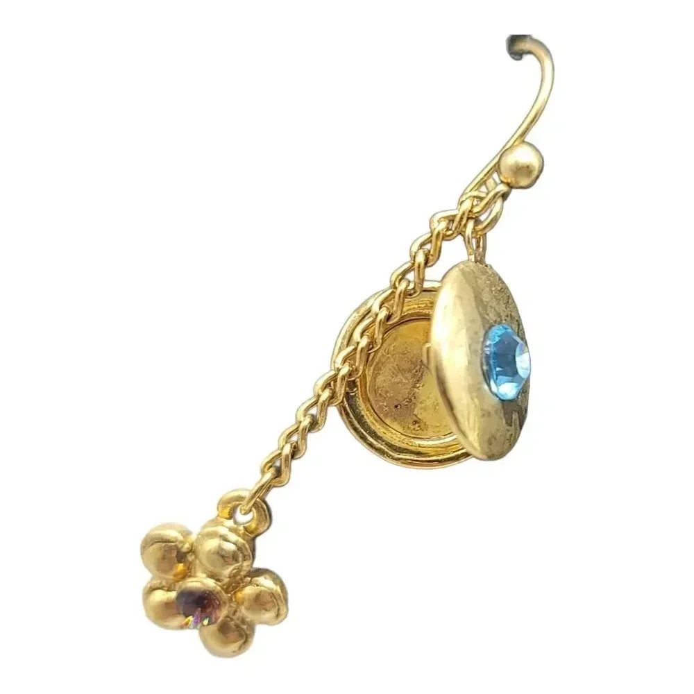 Darlene Group Double Drop Locket Dangle Earrings Blue Amber Flower Rhinestone